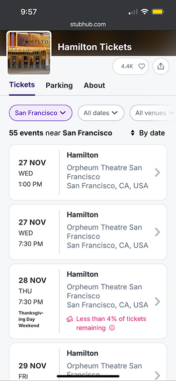 A screenshot of ticket opitons for the Hamliton Musical.