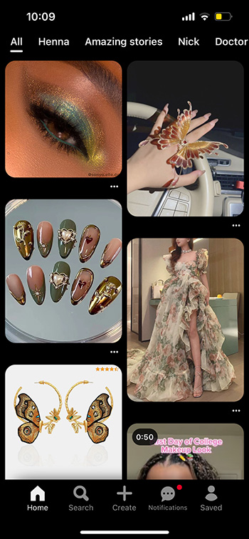 A screenshot of Pinterest with a varitey of pictures featuring makeup, nails, clothes, and jewlery.